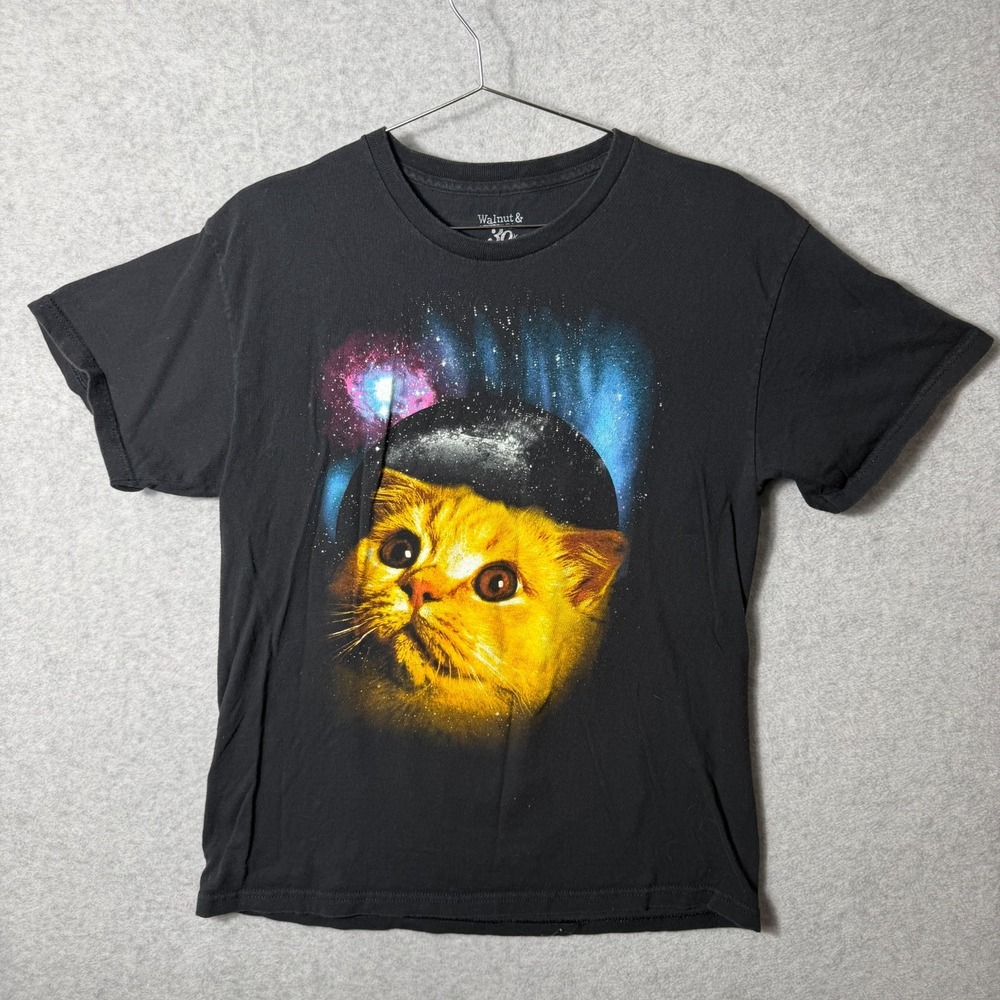 Spencer's Adult Large T-Shirt Cosmic Kitty Graphic Print Short Sleeve Black